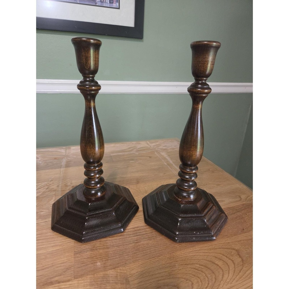 Pair Antique Vintage 11" Wooden Candlesticks Finish Turned Wood
